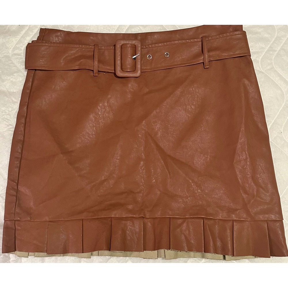 The Impeccable Pig Faux Leather Mini Skirt‎ Brown Belted Pleated Women's Size L